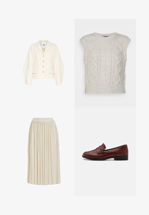 Cremefarvet cropped jakke med en struktureret krave, lange ærmer og store knapper. Har for lommer og et tekstureret stof.; rag & bone BRODY VEST - Top - light grey; Midinederdel i cremelignende farve med smalle lodrette folder og en tætsiddende talje, vist på en ensfarvet hvid baggrund.; Brun læder slip-on sko med flettet forside, lav hæl, glat tekstur og rund tå. Har en holdbar gummisål.