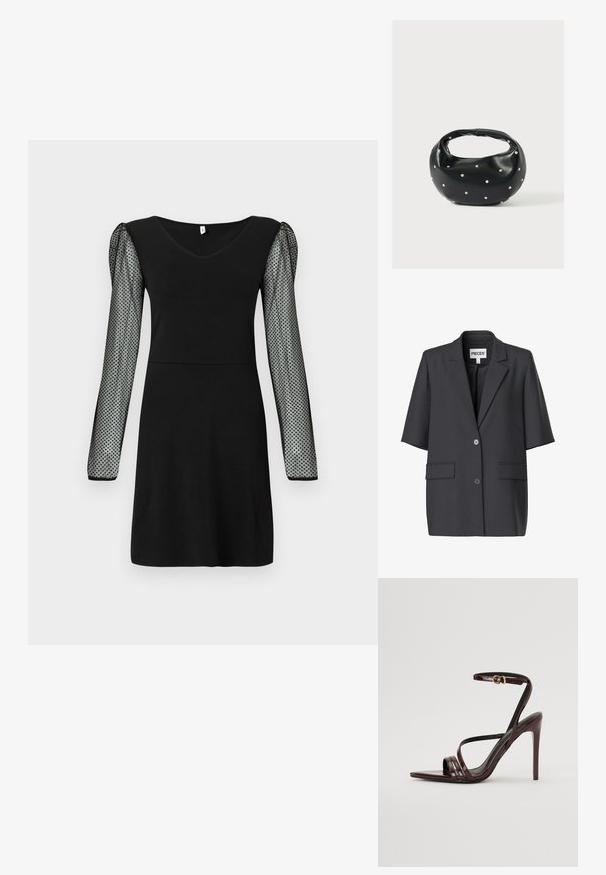 Blazer noir à manches courtes avec revers à crans, deux boutons devant et poches à rabat, étiqueté « PIECES » à l'intérieur du col.; Robe noire avec un décolleté en V et des manches longues transparentes ornées de petits pois noirs, longueur genoux avec une taille ajustée.; Sandale à talons hauts en cuir verni bourgogne avec une bride de cheville, bout pointu et trois bandes horizontales sur le pied. Détail de boucle dorée.; Sac à main en cuir noir de forme arrondie, décoré de clous argentés et équipé d'une poignée courte. Texture lisse et fermeture éclair.