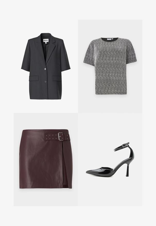 Blazer noir à manches courtes avec revers à crans, deux boutons devant et poches à rabat, étiqueté « PIECES » à l'intérieur du col.; T-shirt à manches courtes en tricot texturé métallique argent et noir avec un col rond et une coupe ajustée.; Jupe en simili cuir bordeaux avec une taille ceinturée et une boucle métallique, présentant une fente sur le côté et une texture lisse et polie.; Escarpin à talon haut en cuir verni noir à bout pointu avec bride à la cheville et boucle argentée, talon stiletto, vue de côté sur fond uni.