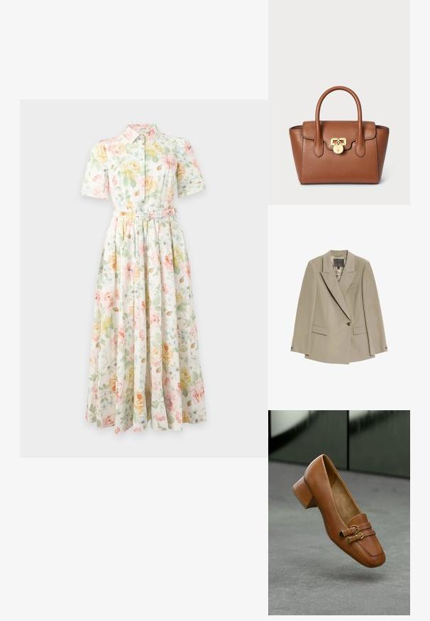 Blazer beige à bouton unique avec larges revers, deux poches à rabat à l'avant et une poche poitrine passepoilée, doté d'une doublure intérieure à motif.; Robe midi à manches courtes, boutonnée, avec col et ceinture, présentant des motifs floraux jaune pastel, vert et rose sur fond blanc.; Chaussure à talons hauts en cuir marron avec un bout carré, dotée de deux sangles décoratives et de accents en métal doré. Texture lisse, design minimal.; Sac à main en cuir brun avec un design structuré, des poignées supérieures, un fermoir à verrou en or et des détails de couture visibles pour la texture.