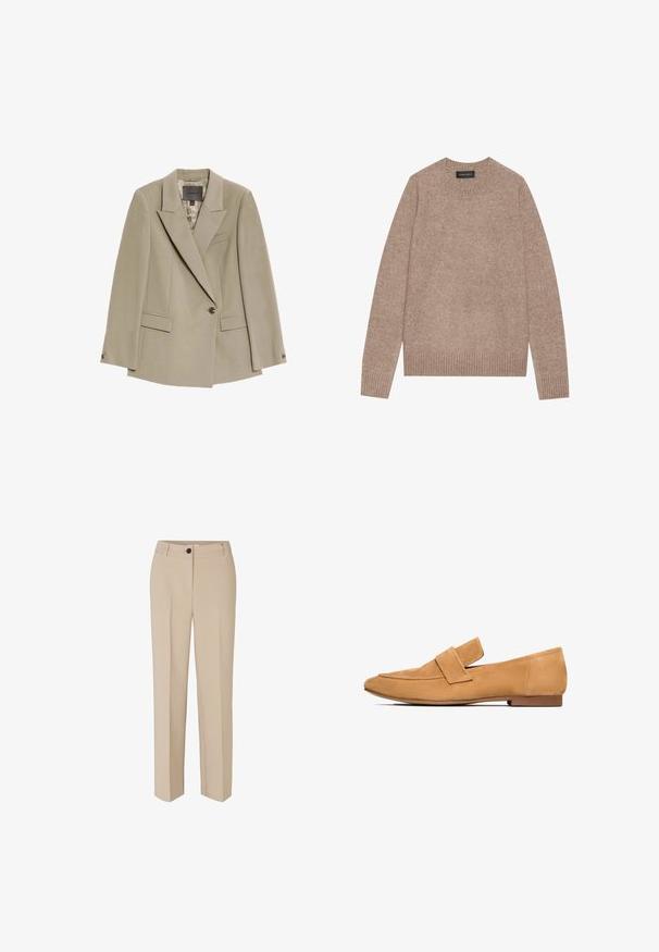 Blazer beige à bouton unique avec larges revers, deux poches à rabat à l'avant et une poche poitrine passepoilée, doté d'une doublure intérieure à motif.; Pull léger marron avec un col rond, fabriqué en tissu doux, présentant des poignets et un ourlet côtelés. Design simple avec une apparence texturée.; Modström GALE - Pantalon classique - powder sand; Mocassins en cuir suédé tan avec un talon plat, un bout arrondi et une sangle cousue sur le devant pour une finition raffinée.