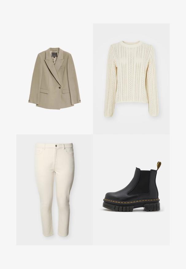 Beige enkeltknaps blazer med brede revers, to forlommer med flap og en brystlomme, der har et mønstret indvendigt fôr.; Cremefarvet strikket sweater med et struktureret mønster af lodrette striber og hulmønster; har lange ærmer og en rund halsudskæring.; Højttaljede, slim-fit jeans i cremefarvet med frontknap og lynlås, bæltestropper og fem-lomme-design.; Sort chelsea ankelstøvle lavet af læder og elastik. Har en kraftig gummisål, gul syning og en løkke bagpå.