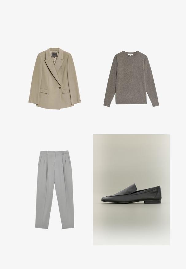 Beige enkeltknaps blazer med brede revers, to forlommer med flap og en brystlomme, der har et mønstret indvendigt fôr.; Marks & Spencer Striktrøje - mole; Lysegrå skræddersyede bukser med forlommer, sidelommer med slidser, bæltestropper og straight-fit ben.; Sorte læder loafers med en glat overflade, spids tå og minimalistisk design. Lav stablet hæl og subtile syninger.