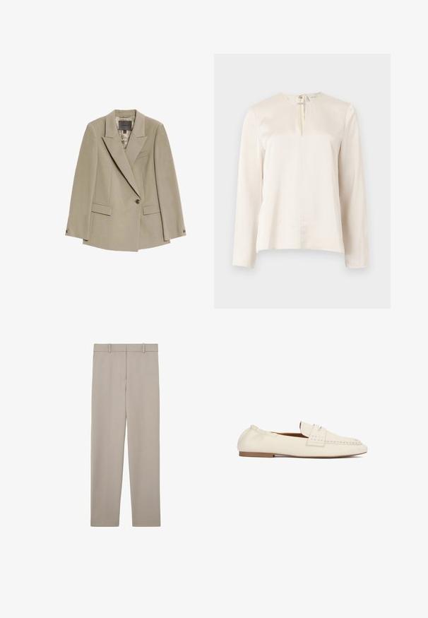 Beige enkeltknaps blazer med brede revers, to forlommer med flap og en brystlomme, der har et mønstret indvendigt fôr.; Cremefarvet bluse med lange ærmer, rund halsudskæring, frontplissering og skjult lynlås bagpå. Glat, silkeblød tekstur.; Beige, lige bukser med bæltestropper og et rent, minimalistisk design, vist fladt på en hvid baggrund.; Kremfarvet læderloafer med syningsdetaljer, flad sål og slip-on design.