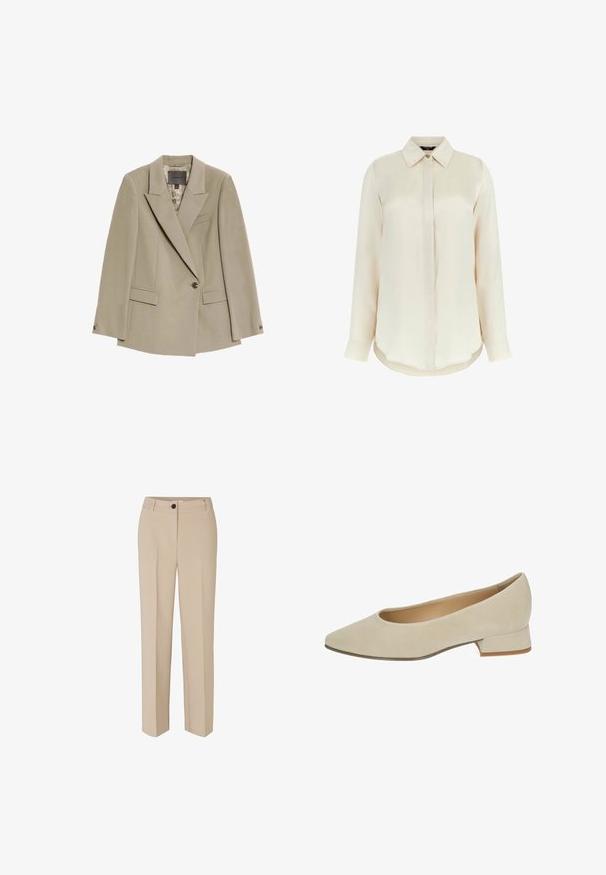 Beige enkeltknaps blazer med brede revers, to forlommer med flap og en brystlomme, der har et mønstret indvendigt fôr.; MARCIANO BY GUESS Skjortebluser - creme; Modström GALE - Bukser - powder sand; Beige ruskind lavhælet pumpe med spids tå og lille blokhæl. Glat tekstur uden synlige mønstre eller dekorationer.