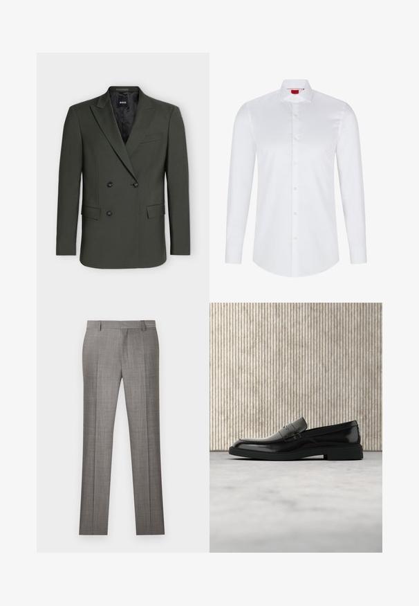 Blazer croisé vert foncé avec revers crantés, deux poches avant à rabat et quatre boutons noirs sur le devant.; Chemise blanche à manches longues avec boutons en coton lisse. Présente un col classique, une patte de boutonnage pleine et un ourlet arrondi.; Pantalon de costume gris clair avec passants pour ceinture et plis marqués à l'avant, présenté à plat sur un fond blanc.; Mocassin en cuir noir poli flottant au-dessus d'un tapis beige avec un mobilier translucide orange en arrière-plan.