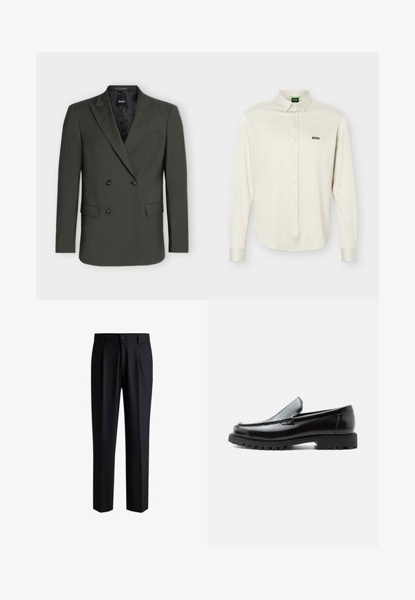 Blazer croisé vert foncé avec revers crantés, deux poches avant à rabat et quatre boutons noirs sur le devant.; Chemise blanche à manches longues avec col, logo noir "BOSS" sur le côté gauche de la poitrine, et poignets à boutons, présentée sur un fond uni.; Pantalons noirs en tissu lisse, avec une coupe droite, des plis à l'avant et une fermeture à bouton avec passants de ceinture.; Mocassin en cuir noir avec semelle en caoutchouc épaisse, dessus cousu et nom de marque embossé sur le talon, présenté de profil sur fond blanc.