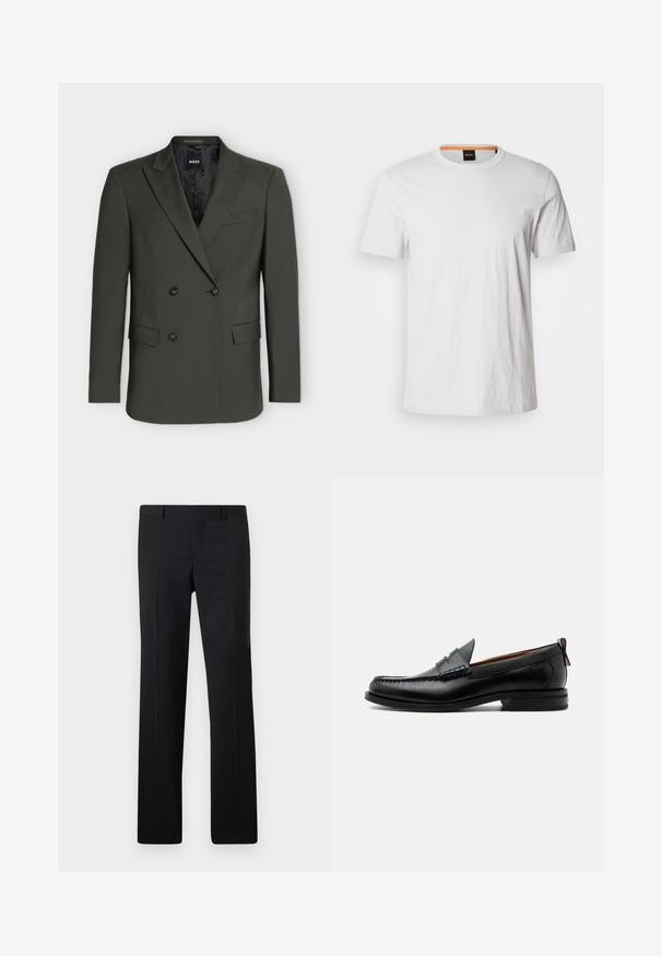 Blazer croisé vert foncé avec revers crantés, deux poches avant à rabat et quatre boutons noirs sur le devant.; T-shirt blanc à manches courtes en coton doux, avec un col rond et un subtil détail de logo assorti en blanc sur le devant.; Pantalons noirs ajustés avec une coupe droite, des plis marqués et une finition lisse. Fabriqués en tissu léger avec une taille nette.; Mocassin homme en cuir noir avec couture moc toe, bride penny, col texturé et petit talon empilé sur fond blanc.