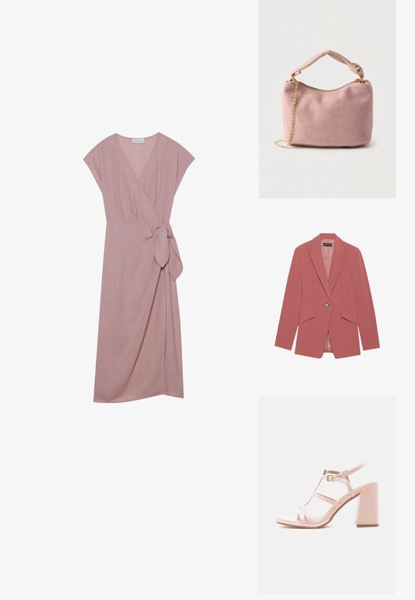 Rosa Blazer mit einem einzelnen Knopf, Reverskragen und zwei Fronttaschen. Hergestellt aus einem glatten Stoff mit einer taillierten Silhouette.; Wickelkleid aus hellrosa Stoff, mit kurzen Puffärmeln, einem V-Ausschnitt und einer gebundenen Taille, die eine fließende Silhouette betont.; Rosa High-Heel-Sandale mit Blockabsatz, Knöchelriemen, Schnallenverschluss und mehreren dünnen Riemchen über dem Fuß.; Weiche rosa Velourleder-Handtasche mit geknotetem Griff, goldenem Reißverschluss und goldener Kettenriemen-Detailierung vor hellem Hintergrund.