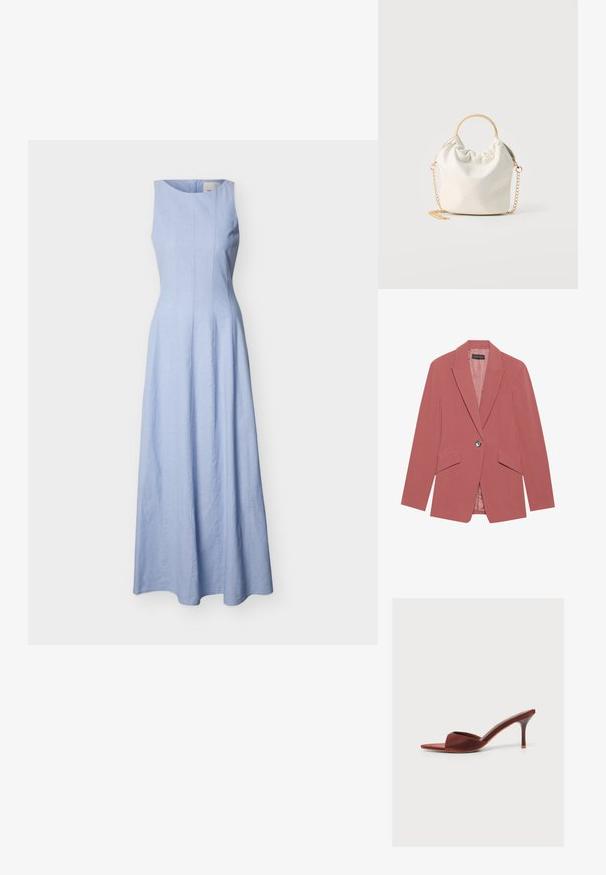 Blazer rosa con un solo botón, solapas de muesca y dos bolsillos frontales. Fabricado con una tela suave y con una silueta ajustada.; Vestido largo azul claro sin mangas con corpiño ajustado, escote redondo y falda acampanada.; Zapato mule marrón de tacón alto y puntera abierta con un tacón de aguja fino y una sola tira ancha en la parte delantera.; Bolso pequeño blanco tejido con asa redonda dorada y correa de cadena dorada, exhibido sobre un fondo neutro.