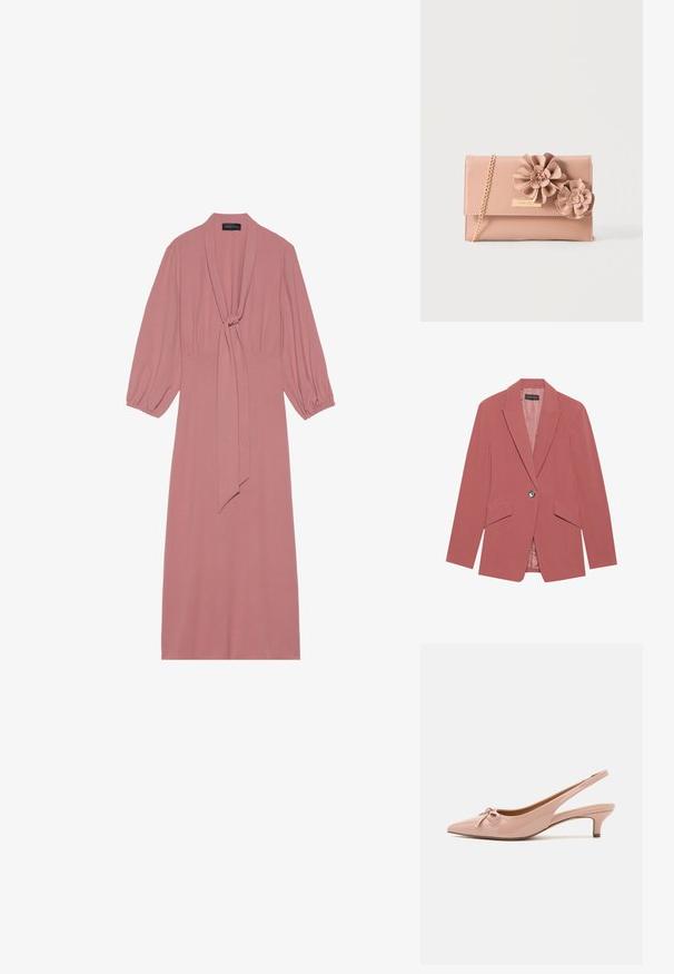 Rosa Blazer mit einem einzelnen Knopf, Reverskragen und zwei Fronttaschen. Hergestellt aus einem glatten Stoff mit einer taillierten Silhouette.; Rosa, knielanges Kleid mit einem Band am Ausschnitt, langen Ballonärmeln und einer glatten Textur. Keine sichtbaren Muster oder Hardware-Details.; Patent-pink Slingback-High Heels mit spitzem Schuhkopf, Schleifendetail an der Vorderseite und einem niedrigen Kitten-Heel. Glatte Textur mit glänzendem Finish.; Rosa Clutch-Tasche mit goldener Kettenriemen und zwei großen dekorativen Stoffblumen auf der vorderen Klappe.