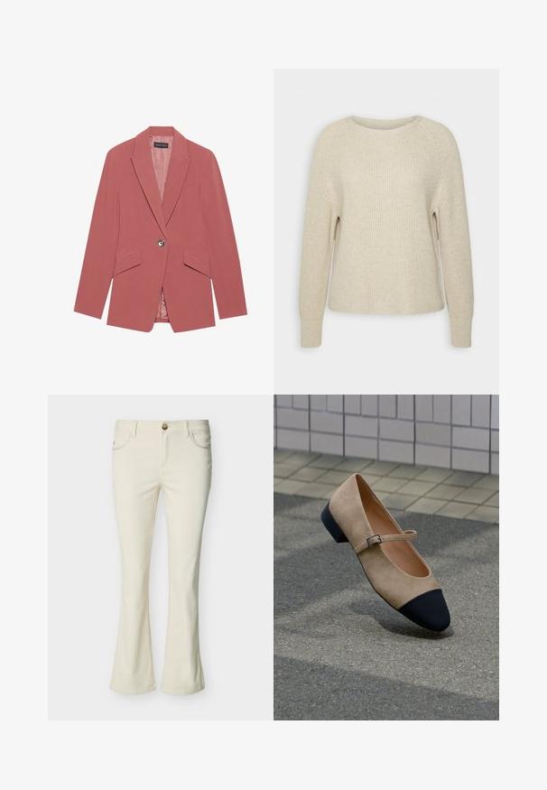 Blazer rosa con un solo botón, solapas de muesca y dos bolsillos frontales. Fabricado con una tela suave y con una silueta ajustada.; Suéter de punto rosa claro con cuello redondo, mangas raglán y puños de canalé. La textura es suave, con un corte holgado y un detalle mínimo.; Vaqueros de mujer de corte bootcut color crema con botón delantero, cierre de cremallera y bolsillos delanteros sobre un fondo blanco.; Zapato Mary Jane de ante beige con puntera redondeada negra y pequeña correa con hebilla, exhibido sobre una superficie pavimentada al aire libre.
