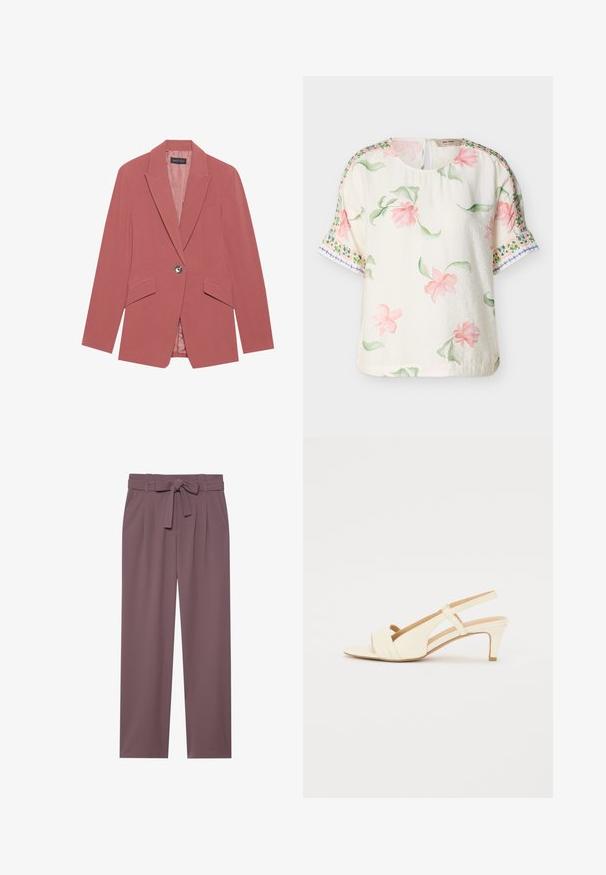 Blazer rose avec un bouton unique, revers crantés et deux poches avant. Fabriqué à partir d'un tissu lisse avec une silhouette ajustée.; Blouse courte à manches courtes crème avec imprimé floral rose et feuilles vertes, ornée de motifs décoratifs en bordure verte et bleue sur les manches.; Pantalons larges de couleur prune avec une taille ceinturée, un devant plissé et une texture lisse. Comprend des poches latérales et un design ajusté.; Talons beiges à bride arrière avec un léger bout pointu et trois brides horizontales sur le devant. Dispose d'un talon de taille intermédiaire et d'une texture lisse.