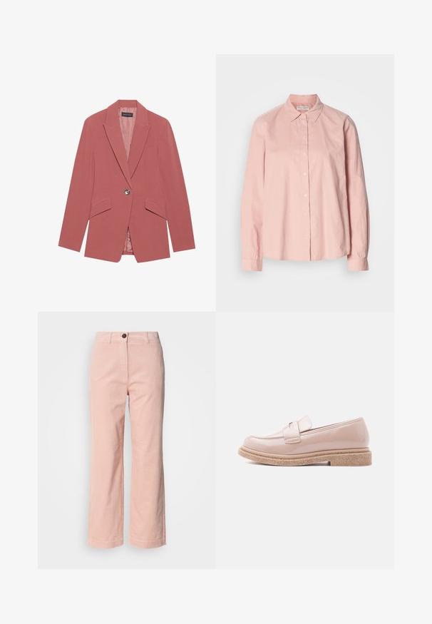 Rosa Blazer mit einem einzelnen Knopf, Reverskragen und zwei Fronttaschen. Hergestellt aus einem glatten Stoff mit einer taillierten Silhouette.; Helles rosa Langarmhemd aus Baumwolle mit Button-down-Kragen, durchgehender Knopfleiste und sportlichem Schnitt. Glatte Textur.; Helle rosa Cordhosen mit geradem Bein, Gürtelschlaufen, vorderem Knopfverschluss und ohne sichtbare Taschen.; Glänzender blassrosa Slipper mit strukturierter beiger Sohle und passendem Riemen über dem Obermaterial, seitlich auf hellem Hintergrund dargestellt.