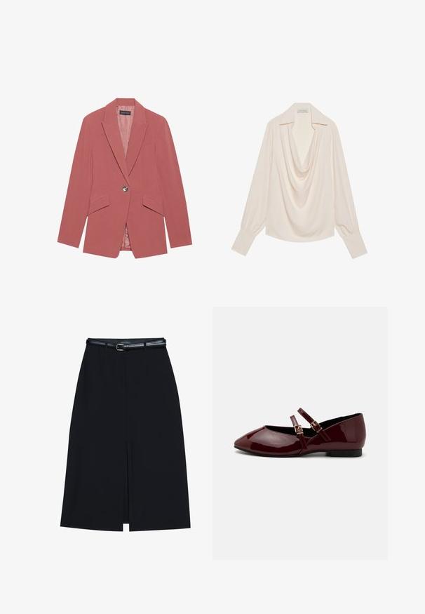 Roze blazer met een enkele knoop, notch revers en twee voorzakken. Gemaakt van een gladde stof met een getailleerde silhouet.; Blouse met col van lichtcrème stof, met lange mouwen, een ontspannen pasvorm, omgeslagen manchetten en naadloze draping bij de halslijn.; Zwarte knie-lange rok met een vooraanstaande split, gemaakt van gladde stof. Heeft een dunne zwarte riem met een zilveren gesp en riemlussen.; Anna Field by Zalando Ballerina's met enkelbandjes - dark red