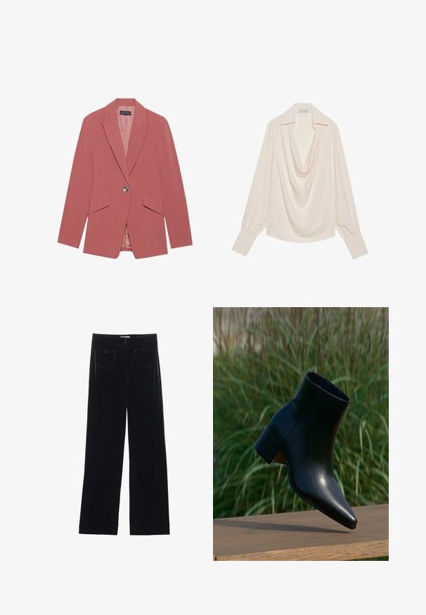 Rosa Blazer mit einem einzelnen Knopf, Reverskragen und zwei Fronttaschen. Hergestellt aus einem glatten Stoff mit einer taillierten Silhouette.; Langärmlige Bluse mit Kapuzenkragen aus leichtem Creme-Stoff, mit lockerer Passform, umgeschlagenen Manschetten und nahtlosem Drapierungsausschnitt.; Schwarze Samt-Hosen im weit geschnittenen Stil mit zwei Gesäßtaschen und einer glatten Textur, ausgestattet mit einem geraden Schnitt und einem gesäumten Abschluss an den Knöcheln.; Schwarzer Lederankle-Boot mit spitzer Zehenpartie und Blockabsatz, der auf einer Holzoberfläche ruht, im Hintergrund hohes grünes Gras.