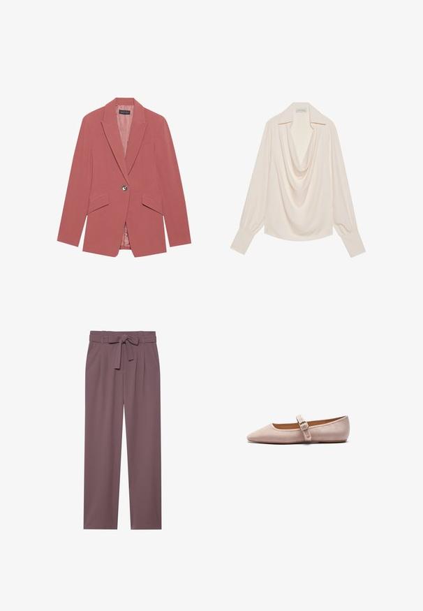 Rosa Blazer mit einem einzelnen Knopf, Reverskragen und zwei Fronttaschen. Hergestellt aus einem glatten Stoff mit einer taillierten Silhouette.; Langärmlige Bluse mit Kapuzenkragen aus leichtem Creme-Stoff, mit lockerer Passform, umgeschlagenen Manschetten und nahtlosem Drapierungsausschnitt.; Weinrote, weite Hosen mit einem taillierten Bund, gefaltetem Vorderteil und glatter Textur. Sie verfügen über Taschen an den Seiten und ein maßgeschneidertes Design.; Rosa Wildleder Ballettschuhe mit spitzer Zehenform, einem einzigen Riemen mit Schnalle über dem Rist und einer glatten, matten Oberfläche.