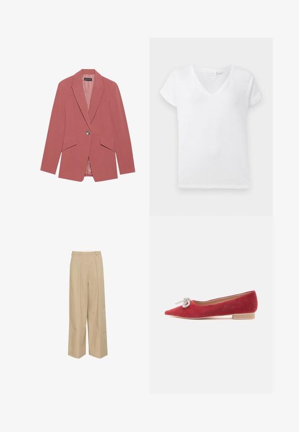 Blazer rose avec un bouton unique, revers crantés et deux poches avant. Fabriqué à partir d'un tissu lisse avec une silhouette ajustée.; T-shirt blanc à col en V fabriqué en coton doux, avec des manches courtes à revers et une coupe décontractée, affichant un design simple et sans fioritures.; Pantalons larges beige avec des plis avant, une taille avec passants de ceinture et une texture de tissu lisse et léger.; Chaussure plate en daim rouge avec un bout pointu, ornée d'un nœud décoratif argenté à l'avant et d'un petit talon en bois.