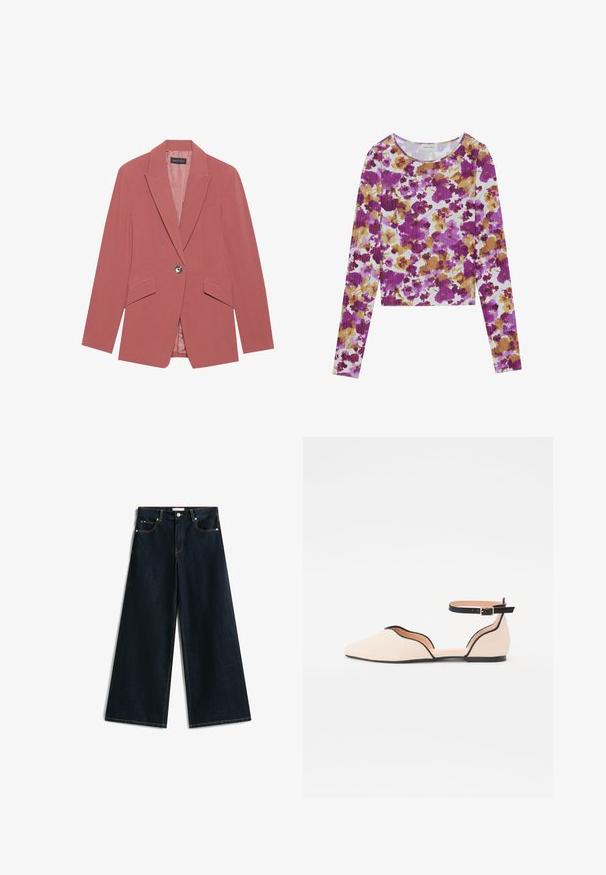 Rosa blazer med en enkelt knap, notch lapeller og to frontlommer. Lavet af et glat stof med en tætsiddende silhuet.; Langærmet crop top i ribbet stof med et blomstermotiv i lilla, lavendel og guld på en hvid baggrund. Glat tekstur.; Mørkeblå vidde jeans med høj talje, klassisk fem-lomme-design, synlig syning og en glat denimtekstur.; Flad ballerina i lys beige med spids tå, der har et buet udsnit og en sort ankelstrop. Glat overflade og minimalistisk stil.