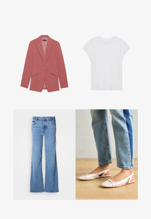Rosa Blazer mit einem einzelnen Knopf, Reverskragen und zwei Fronttaschen. Hergestellt aus einem glatten Stoff mit einer taillierten Silhouette.; Weißes kurzärmliges T-Shirt mit Rundhalsausschnitt, lockerer Passform, aus weichem Baumwollstoff. Glatte Textur, keine Muster oder Logos.; Hellblaue Jeans mit weitem Bein aus Denim. Mit klassischem Fünf-Taschen-Design und sichtbarem Knopfverschluss. Weiche Textur und schlichter Abschluss.; Blassrosa Slingback-Ballerinas mit spitzem Punkt, aus einem glatten, lederähnlichen Material. Mit Ausschnitten an den Seiten und einem flachen Absatz.