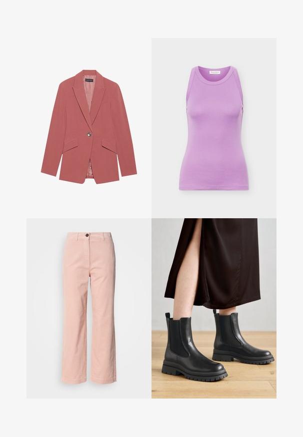 Roze blazer met een enkele knoop, notch revers en twee voorzakken. Gemaakt van een gladde stof met een getailleerde silhouet.; Mouwloos dames tanktop in lavendel met ronde halslijn en nauwsluitend silhouet, gemaakt van gladde stof, getoond op een effen achtergrond.; Lichtroze corduroy recht gesneden broek met riemlussen, sluiting met voorknop en zonder zichtbare zakken.; Zwarte leren enkellaarsjes met elastische zijpanelen, grove rubberen zolen en hiel-lusstabs; gecombineerd met een donkerbruine midijurk.