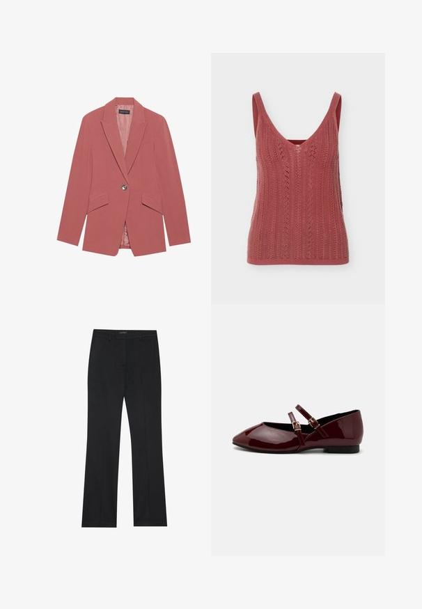 Blazer rosa con un solo botón, solapas de muesca y dos bolsillos frontales. Fabricado con una tela suave y con una silueta ajustada.; Top de tirantes sin mangas de punto en rosa polvo con escote en V y detalles verticales de ojales con patrón.; Pantalones negros con corte recto, tejido suave y sin patrones visibles. Diseñados con bolsillos frontales clásicos y cierre de cremallera.; Anna Field Bailarinas con hebilla - dark red