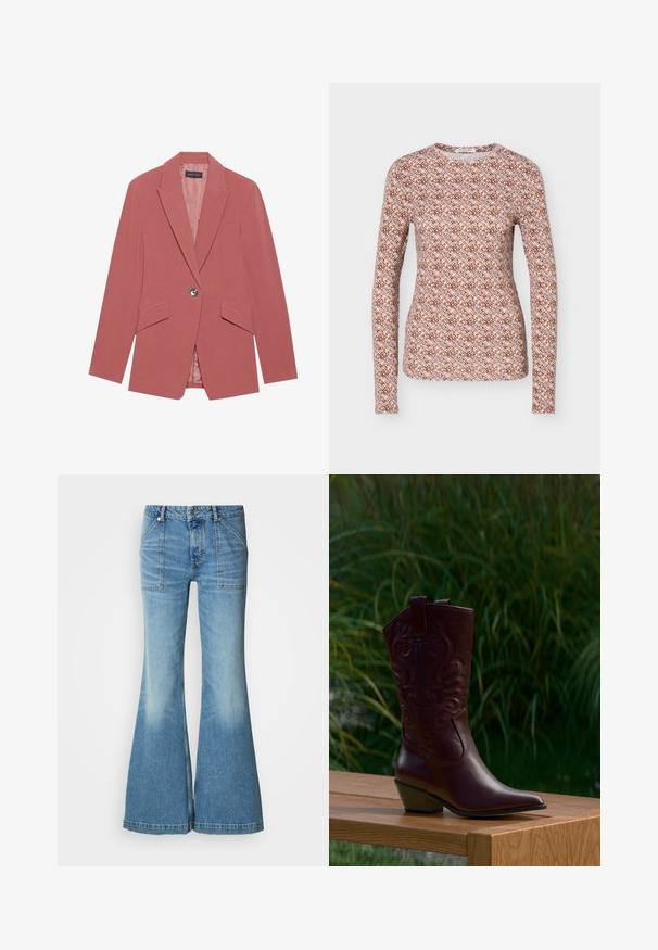 Blazer rosa con un solo botón, solapas de muesca y dos bolsillos frontales. Fabricado con una tela suave y con una silueta ajustada.; Top ajustado de manga larga con escote redondo, con un patrón geométrico repetitivo en tonos marrón, rosa y azul claro.; Vaqueros acampanados de mezclilla azul claro con cintura alta. Presentan dos bolsillos delanteros y un patrón de desgaste a lo largo de las piernas. El dobladillo está ligeramente deshilachado.; Bota de vaquero de cuero marrón oscuro con motivos bordados, tacón bajo inclinado y lengüetas para tirar, colocada sobre un banco de madera con fondo de plantas verdes.