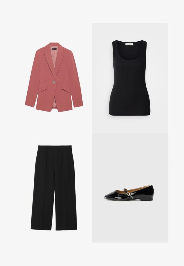 Blazer rosa con un solo botón, solapas de muesca y dos bolsillos frontales. Fabricado con una tela suave y con una silueta ajustada.; Camiseta sin mangas negra con textura acanalada, escote redondo, tirantes anchos y diseño ajustado. Etiqueta en la parte trasera que dice "Marc O'Polo."; Pantalones de pierna ancha negros, hechos de tela suave, con dos bolsillos frontales, parte delantera plana y cierre de cremallera en el lateral.; Zapato plano de charol negro con punta afilada, tira en el tobillo con hebilla de tono dorado y tacón bajo tipo bloque. Acabado suave y brillante.