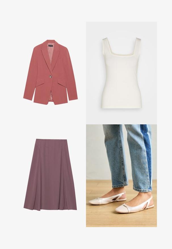 Rosa Blazer mit einem einzelnen Knopf, Reverskragen und zwei Fronttaschen. Hergestellt aus einem glatten Stoff mit einer taillierten Silhouette.; Cremfarbener Tanktop mit quadratischem Ausschnitt, schmalen Trägern und taillierter Silhouette. Aus weichem, dehnbarem Stoff gefertigt. Keine Muster oder Akzente.; Ein knielanger Rock in einem sanften Mauve-Ton, aus leichtem Stoff mit plissiertem Design und glatter Textur. Keine sichtbaren Verschlüsse.; Blassrosa Slingback-Ballerinas mit spitzem Punkt, aus einem glatten, lederähnlichen Material. Mit Ausschnitten an den Seiten und einem flachen Absatz.