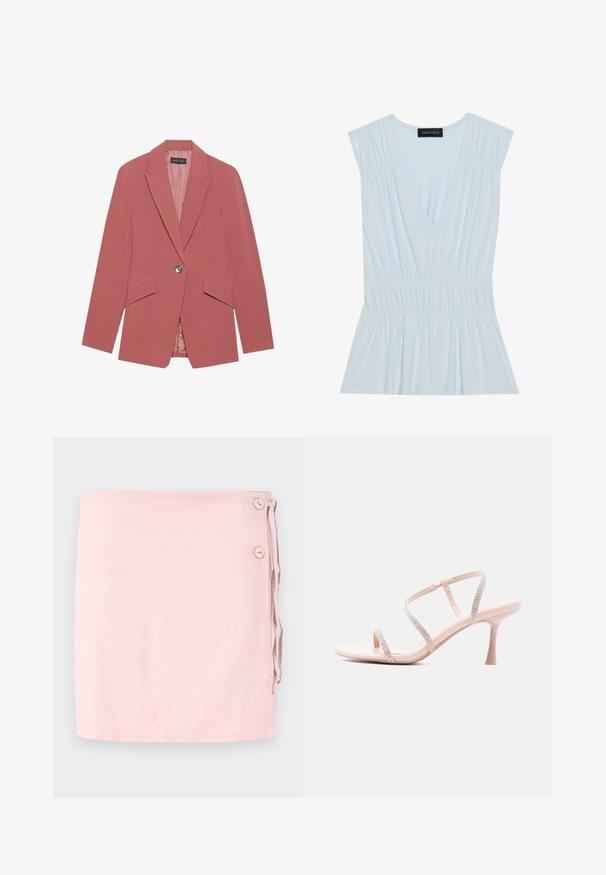 Blazer rose avec un bouton unique, revers crantés et deux poches avant. Fabriqué à partir d'un tissu lisse avec une silhouette ajustée.; Haut bleu clair avec un décolleté en V profond, des épaules plissées et une taille froncée. Fabriqué en tissu doux avec un bas évasé. Logo sur l'étiquette.; Jupe enveloppante rose clair en lin avec une texture lisse, dotée de deux boutons sur les côtés et d'un lien ajustable. Design épuré et simple.; Sandale à talons hauts beige avec trois fines brides ornées de strass et un talon fin de hauteur moyenne, sur fond blanc.