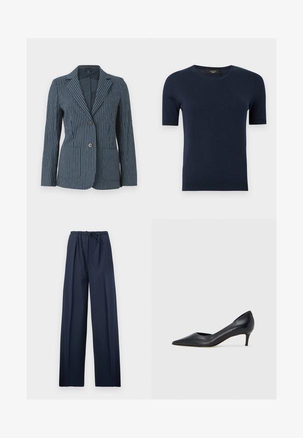 Blazer bleu avec des fines rayures verticales blanches, deux boutons sur le devant, revers crantés et deux poches plaquées, présenté sur un fond uni.; Pull en tricot bleu marine à manches courtes, col rond avec poignets et ourlet côtelés, présenté sur un fond uni.; Pantalon large bleu marine avec taille élastique et cordon de serrage ajustable, présenté à plat sur un fond blanc.; Escarpin en cuir noir avec un bout pointu et un talon bas. Présente une texture lisse et un éclat subtil. Découpe ouverte à l'avant pour un détail supplémentaire.