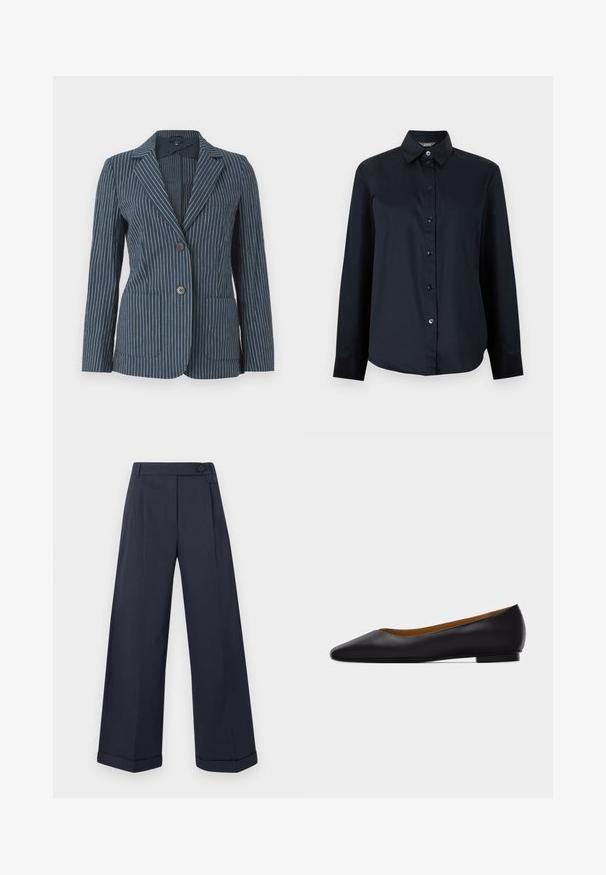Blazer bleu avec des fines rayures verticales blanches, deux boutons sur le devant, revers crantés et deux poches plaquées, présenté sur un fond uni.; Chemise noire à manches longues avec boutons, col pointu et ourlet légèrement arrondi, présentée sur un fond gris clair uni.; Pantalon large bleu marine avec ourlets retournés, taille haute, boutons latéraux et plis à l'avant.; Chaussure plate en cuir noir à bout pointu avec talon bas et finition lisse, vue de côté sur un fond gris clair.