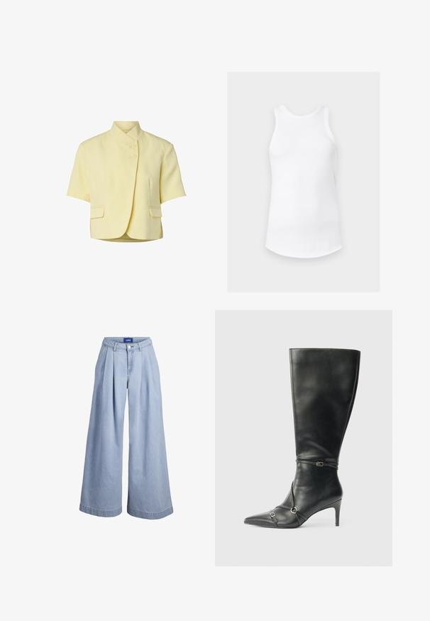Veste jaune pâle à manches courtes avec col montant, deux boutons sur le devant et deux poches à rabat à la taille.; Débardeur blanc côtelé sans manches avec encolure ronde et ourlet arrondi, présenté sur un fond gris clair uni.; Pantalon en denim bleu clair à jambes larges avec plis à l'avant, fermeture par boutons et étiquette JJXX sur la ceinture intérieure.; Bottes noires en cuir montant jusqu'au genou, avec un talon fin, un bout pointu et des détails de lanière à la cheville. Texture lisse et design ajusté.