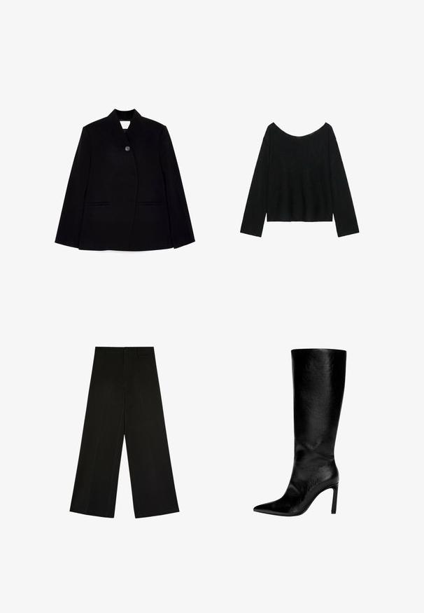 Sort skræddersyet blazer med frontknaplukning, skarp krave og to sidelommer. Stoffet har en glat tekstur og en struktureret design.; Sort langærmet sweater med en bred, let sænket udskæring og en lige kant forneden.; Sorte bukser med brede ben, knap- og lynlåslukning, bæltestropper og frontfolder, lagt fladt på en hvid baggrund.; Knæhøj sort læderstøvle med spids tå, høj stiletthæl, glat finish og et enkelt, strømlinet design uden pynt.