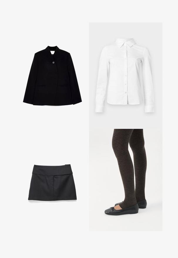Sort skræddersyet blazer med frontknaplukning, skarp krave og to sidelommer. Stoffet har en glat tekstur og en struktureret design.; Hvid skjorte med lange ærmer, knapper, spids krave, lige kant og tætsiddende silhuet, vist på en ensartet lys baggrund.; Sort mini-nederdel med høj talje, bred linning og detaljer foran på syningen, lagt fladt på en hvid baggrund.; Ben iført mørke ribbede leggings kombineret med sorte balletsko med små sløjfedetaljer på hvid baggrund.