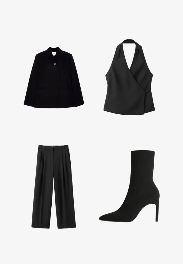 Sort skræddersyet blazer med frontknaplukning, skarp krave og to sidelommer. Stoffet har en glat tekstur og en struktureret design.; Sort ærmeløs wrap-top med halterneck og sidebindedetalje på hvid baggrund.; Sorte bukser med vide ben, forreste plisseringer, bæltestropper og skjult lukkemekanisme foran.; Sort ankelstøvle fremstillet af blødt suede, med spids tå og høj stilettohæl. Minimalistisk design uden synligt hardware eller mønstre.