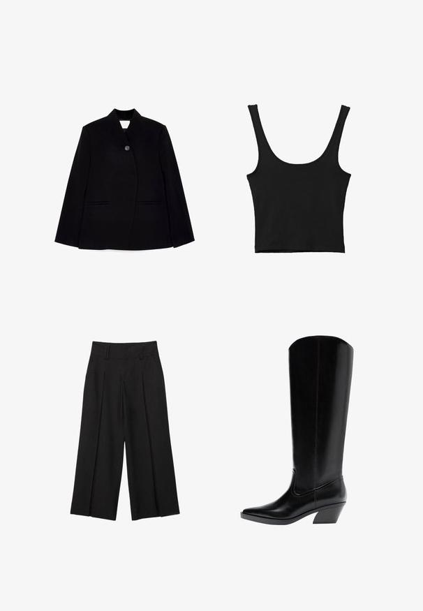 Sort skræddersyet blazer med frontknaplukning, skarp krave og to sidelommer. Stoffet har en glat tekstur og en struktureret design.; Sort cropped tank top med brede skulderstropper, lavet i blødt materiale, med en glat tekstur og et minimalistisk design.; Sorte vide bens cropped bukser med bæltestropper og forreste plisseringer, lavet af et glat stof for et skræddersyet udseende.; Høj sort western-støvle i læder med spids tå og skråt blokhæl, vendt mod venstre på hvid baggrund.