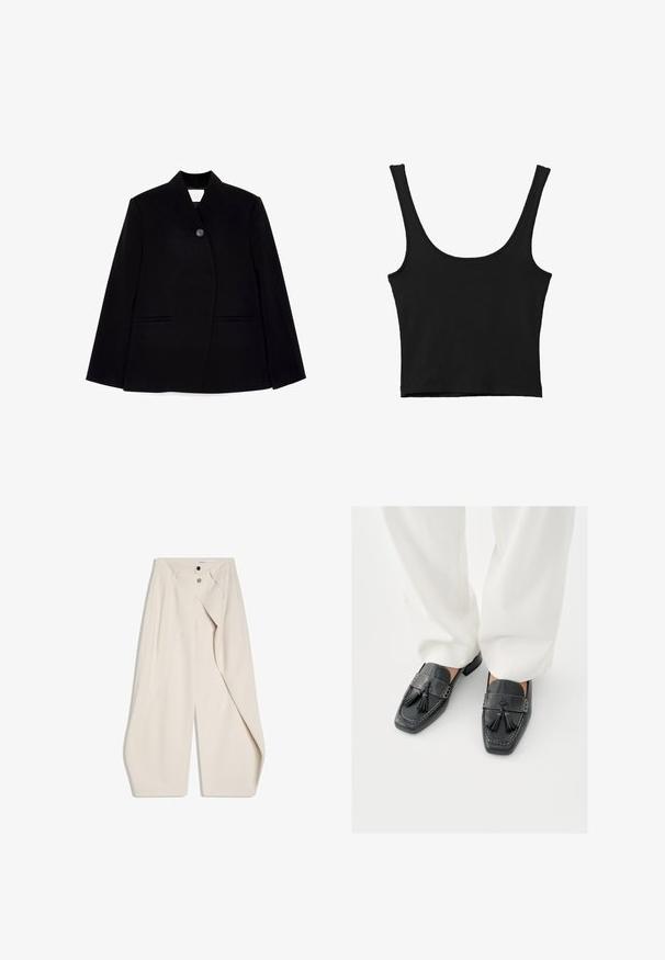 Sort skræddersyet blazer med frontknaplukning, skarp krave og to sidelommer. Stoffet har en glat tekstur og en struktureret design.; Sort cropped tank top med brede skulderstropper, lavet i blødt materiale, med en glat tekstur og et minimalistisk design.; Beige bukser med vide ben med dobbelt knaplukning og plisseret frontdesign. Glat stof med rene linjer og uden synlige mønstre.; Sorte læderloafer med kvaster, firkantede tæer og dekorative syninger, kombineret med hvide bukser med vide ben.
