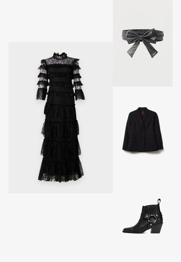 Zwart op maat gemaakt blazer met geknipte revers, lange mouwen en twee voorzakken, plat gelegd op een witte achtergrond.; Zwarte kanten jurk met laagjes ruffles. Hoge halslijn en doorzichtige, lange mouwen. Gestructureerde stof met ingewikkelde details en een gelaagd ontwerp.; Zwarte leren enkellaars met een spitse neus, gebogen silhouet en een brede blokhak. Voorzien van een decoratieve band en zilverkleurige metalen accenten.; Zwarte leren riem met grote strik en twee staarten, één staart geborduurd met de naam "Karl" in witte draad.