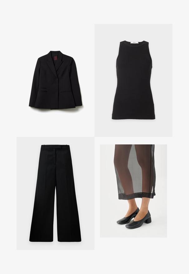 Blazer negro ajustado con solapas en forma de muesca, mangas largas y dos bolsillos delanteros tipo welt, dispuesto sobre un fondo blanco.; Camiseta sin mangas negra acanalada con cuello redondo, corte ajustado y una pequeña etiqueta blanca en el interior del cuello.; Pantalones anchos negros de tejido suave, con una cintura alta, dos bolsillos frontales y un diseño limpio. Textura lisa sin patrones.; Zapatos negros de tacón ancho con acabado de cuero liso, combinados con una falda negra translúcida que tiene un dobladillo limpio y un diseño minimalista.