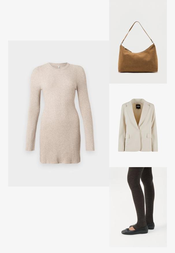 Krémový jednorozopínací blazer s výrezom v klopách a dvoma vreckami s krytkou, označený Urban Classics, veľkosť XS.; Béžové vzorované pletené šaty s dlhým rukávom a priliehavým pásom a okrúhlym výstrihom na bielom pozadí.; Nohy v tmavých pásikavých legínach v kombinácii s čiernymi balerínkami s malými mašličkami na bielom pozadí.; Hnedá semišová taška cez rameno s jedným remienkom a horným zipsovým zatváraním, zobrazená na jednoduchom bielom pozadí.