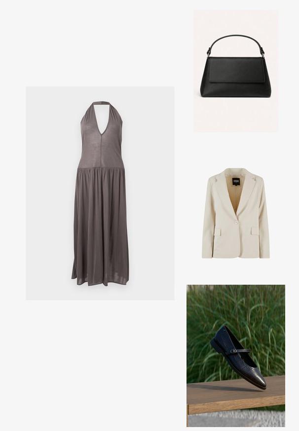 Blazer crème à bouton unique, avec revers crantés et deux poches à rabats, étiqueté Urban Classics, taille XS.; Robe maxi taupe sans manches à col halter, décolleté en V profond et taille froncée, jupe fluide et ample, tissu léger.; Chaussure Mary Jane noire à bout pointu avec une bride et un motif crocodile flottant au-dessus d'un banc en bois, herbe haute verte en arrière-plan.; Sac à main en cuir noir avec un rabat supérieur, une forme trapézoïdale et une seule poignée incurvée attachée par des anneaux métalliques.