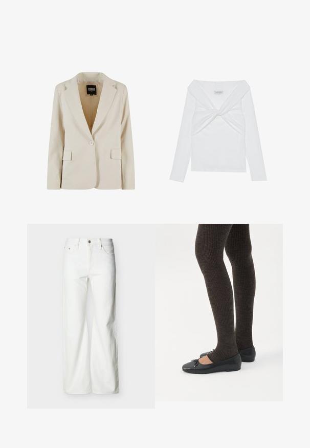 Crèmekleurige blazer met één knoop, met notch-revers en twee klepzakken, gelabeld Urban Classics, maat XS.; Witte geribbelde lange mouw top met een gedraaide voorkant, met een brede halslijn en naadloze randen. Merklabel: Anna Field.; Witte jeans met rechte pijpen en hoge taille, voorzien van een knoopsluiting aan de voorkant, rits, en zij- en achterzakken, tegen een effen lichte achtergrond.; Benen met donkere geribbelde leggings gecombineerd met zwarte ballerina's met kleine strikdetails op een witte achtergrond.