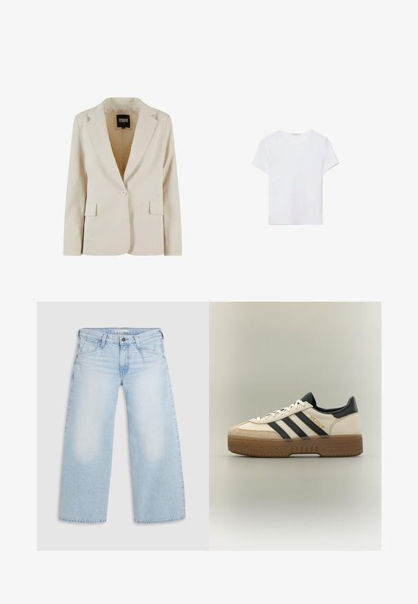 Creamfarvet blazer med én knap, revet revers og to klaplommer, mærket Urban Classics, størrelse XS.; Hvid kortærmet t-shirt lavet af blødt stof. Har en rund halsudskæring og et simpelt, rent design med en lige underkant.; Lyseblå vid nederdel jeans lavet af denim. Har lige snit, fem lommers design og knaplukning i taljen.; Hvid Adidas sneaker med sorte striber, beige ruskindstå, brun sål og "SPEZIAL" i guldskrift på siden.