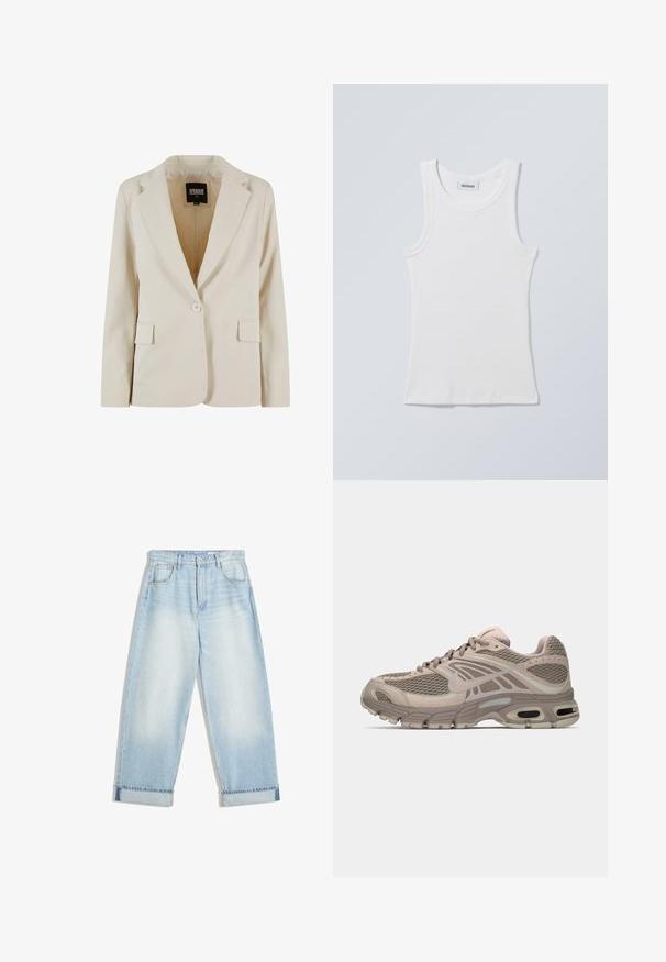 Creamfarvet blazer med én knap, revet revers og to klaplommer, mærket Urban Classics, størrelse XS.; Hvid bomulds tanktop med rund halsudskæring og brede skulderstropper. Har ribstrikket tekstur og lige kant forneden. Mærke vist ved halsudskæringen.; Lyseblå denim bukser med vid ben og høj talje, med opslået kant, fem lommer og subtil falming på stoffet.; Beige sportssko med mesh-overdel, formede detaljer, rund tå og synlig luftdækning i sålen. Snørebånd i neutral farve.