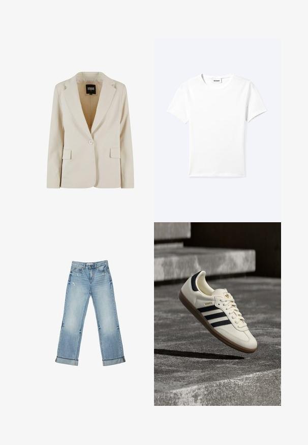 Creamfarvet blazer med én knap, revet revers og to klaplommer, mærket Urban Classics, størrelse XS.; Ensfarvet hvid t-shirt med korte ærmer og rund halsudskæring med en lille "WEEKDAY" label indeni halskanten, vist fladt på en lys baggrund.; Lyseblå denimjeans med let slid, lige ben, opsmøgede kanter, forlommer og knaplukning, størrelse 36.; Hvid Adidas Samba sneaker med sorte striber og gummsål, svævende over teksturerede grå betonstrin.
