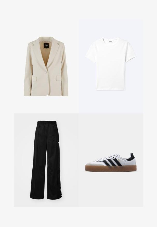 Creamfarvet blazer med én knap, revet revers og to klaplommer, mærket Urban Classics, størrelse XS.; Ensfarvet hvid t-shirt med korte ærmer og rund halsudskæring med en lille "WEEKDAY" label indeni halskanten, vist fladt på en lys baggrund.; Sorte brede træningsbukser med elastisk talje, prydet med hvide side-striber og et lille logo på venstre hofte. Glat stofstruktur.; Hvide lædersneakers med sorte striber, gummirubber sål, rund tå, snørelukning og blød grå ruskinds tåhætte.
