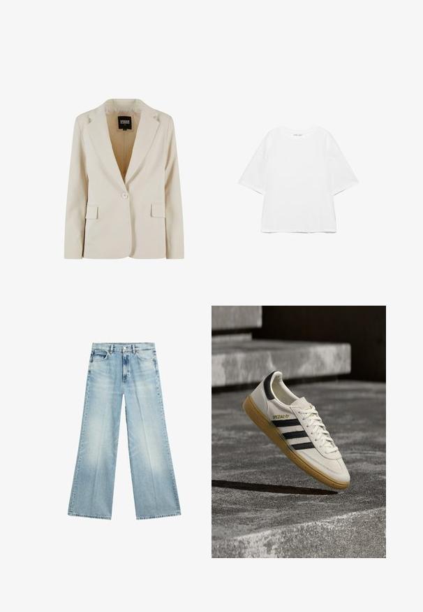 Crèmekleurige blazer met één knoop, met notch-revers en twee klepzakken, gelabeld Urban Classics, maat XS.; Witte oversized T-shirt met korte mouwen, ronde hals, effen ontwerp en verzonken schoudernaden op een witte achtergrond.; Lichtblauwe wijde spijkerbroek met voorzakken en riemlussen, plat gelegd op een witte achtergrond.; Witte Adidas Spezial sneaker met zwarte strepen en gumzool, zwevend boven grijze stenen trappen buiten.