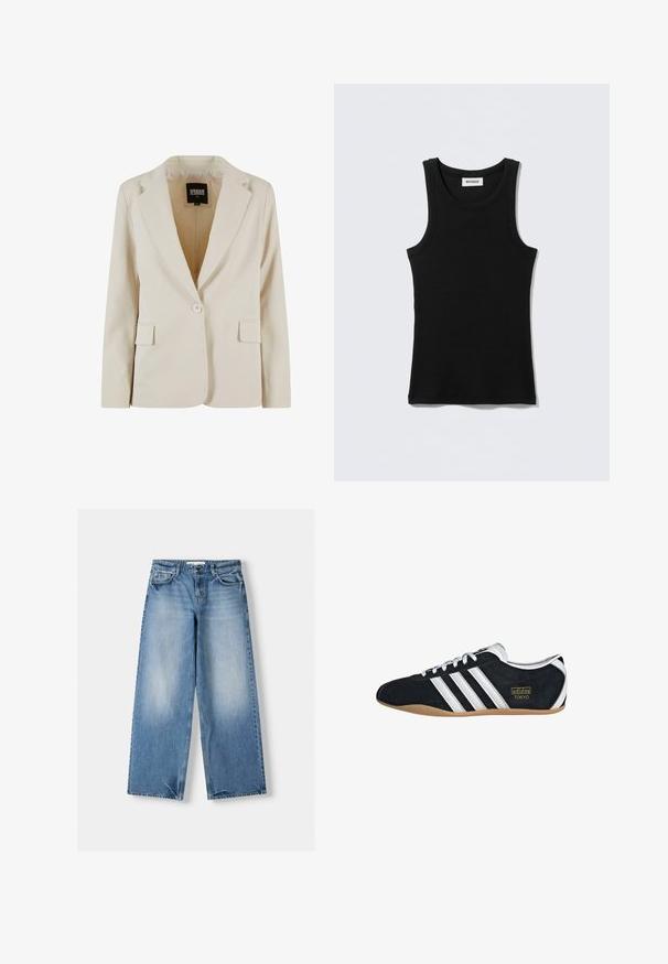 Crèmekleurige blazer met één knoop, met notch-revers en twee klepzakken, gelabeld Urban Classics, maat XS.; Zwart katoenen tanktop met een ronde halslijn en smalle bandjes. Eenvoudig ontwerp, zonder patronen of accenten zichtbaar.; Lichtblauwe jeans met een relaxte pasvorm, wijde pijpen en vervaagde delen. Gemaakt van denim met een klassiek vijf-vakken ontwerp en een sluitknop aan de bovenkant.; Zwarte suède sneaker met witte drie strepen, gouden logo en een bruine rubberen zool. Heeft een laag profiel vetersluiting ontwerp.