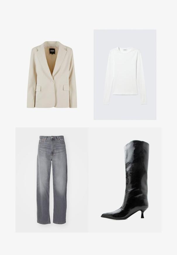 Creamfarvet blazer med én knap, revet revers og to klaplommer, mærket Urban Classics, størrelse XS.; Langærmet, enkel hvid T-shirt med rund halsudskæring og tætsiddende pasform, vist mod en lysegrå baggrund.; Weekday RAIL MID LOOSE STRAIGHT - Jeans Straight Leg - misty grey; Sort skinnende knæhøj læderstøvle med spids tå og lav buet hæl på en ensfarvet lys baggrund.
